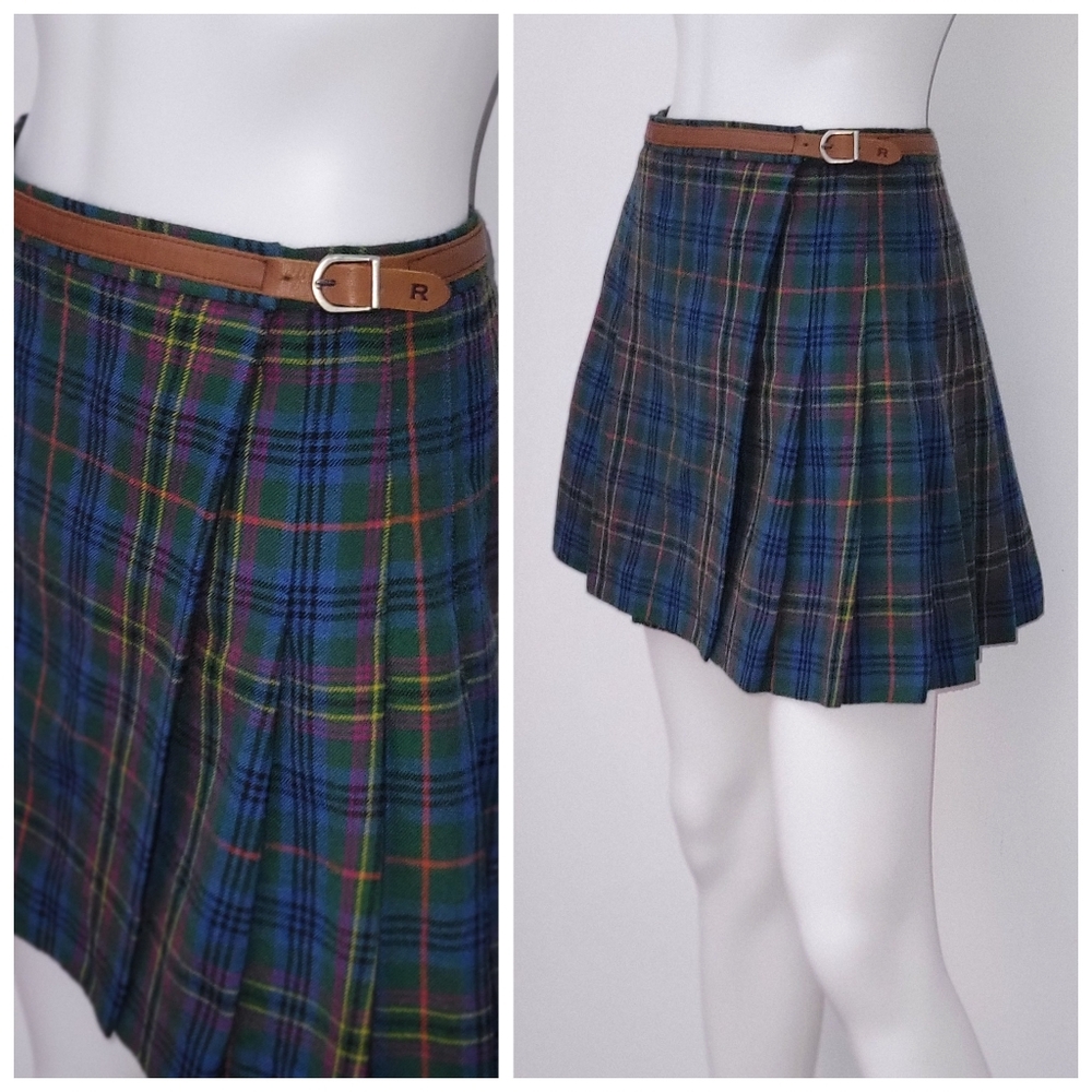 Ralph Lauren Skirt • 90s Wool Plaid • Wrap Mini • Leather Belt • Vtg Pleated